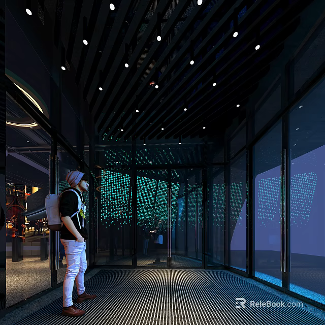 Modern Shopping Mall Lobby Entrance With Glass Curtain Walls Green Projection And Lighting 3d model 
