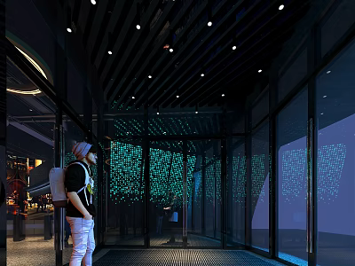 Modern Shopping Mall Lobby Entrance With Glass Curtain Walls Green Projection And Lighting 3d model