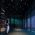 Modern Shopping Mall Lobby Entrance With Glass Curtain Walls Green Projection And Lighting