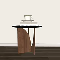 Round Side Table With Black Tabletop Wooden Base Stack Of Books And Cup