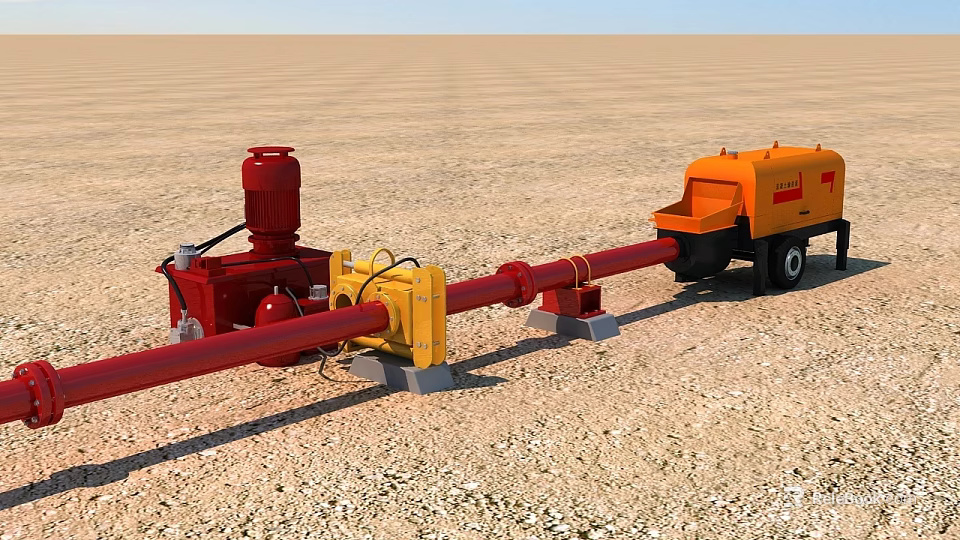 Industrial Equipment With Red Pump Yellow Connecting Components And Orange Trailer On Sandy Ground 3d model 