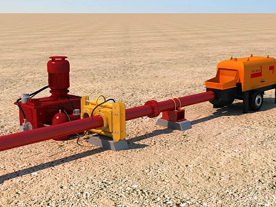 Industrial Equipment With Red Pump Yellow Connecting Components And Orange Trailer On Sandy Ground 3d model