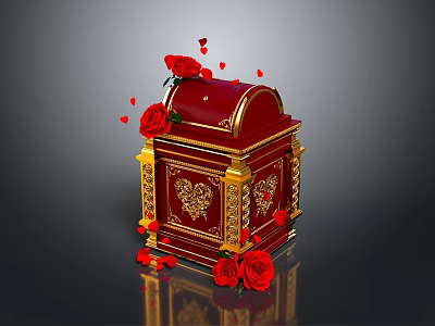 Elegant Red Decorative Box With Golden Ornate Trim And Fresh Roses Scattered Petals 3d model