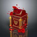 Elegant Red Decorative Box With Golden Ornate Trim And Fresh Roses Scattered Petals