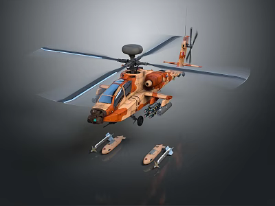 Camouflage Military Helicopter With Orange And Brown Rotors Front Cannon And Two Missiles 3d model