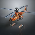 Camouflage Military Helicopter With Orange And Brown Rotors Front Cannon And Two Missiles