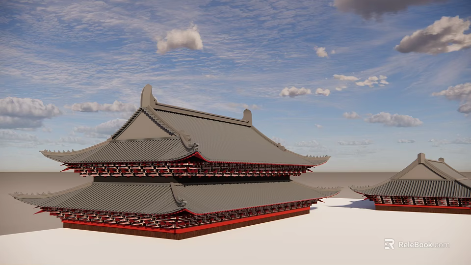 Traditional Chinese Architectural Components Featuring Classic Roof Overhanging Eaves Tiles And Red Double Layer Decorations 3d model 