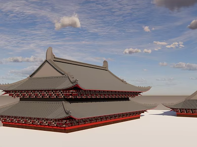 Traditional Chinese Architectural Components Featuring Classic Roof Overhanging Eaves Tiles And Red Double Layer Decorations 3d model