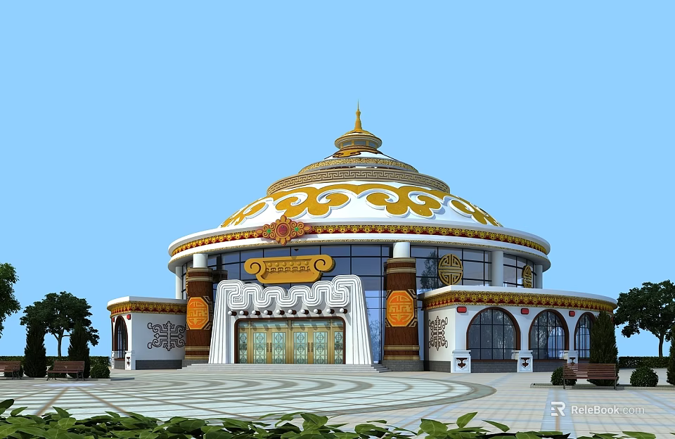 Traditional Ornate Circular Building With Golden Spire White Decor And Plaza 3d model 