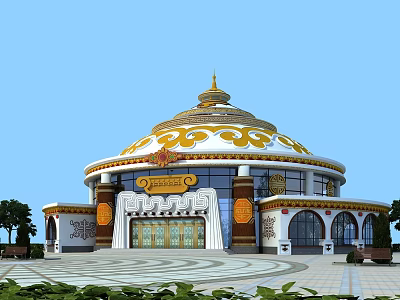 Traditional Ornate Circular Building With Golden Spire White Decor And Plaza 3d model