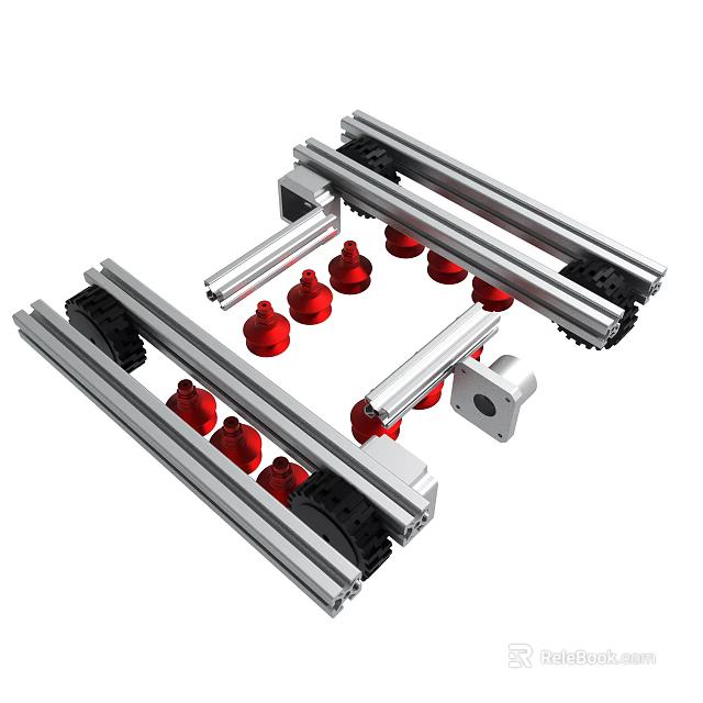 Silver Linear Rail System With Red Rollers And Sliding Mechanism Parts 3d model