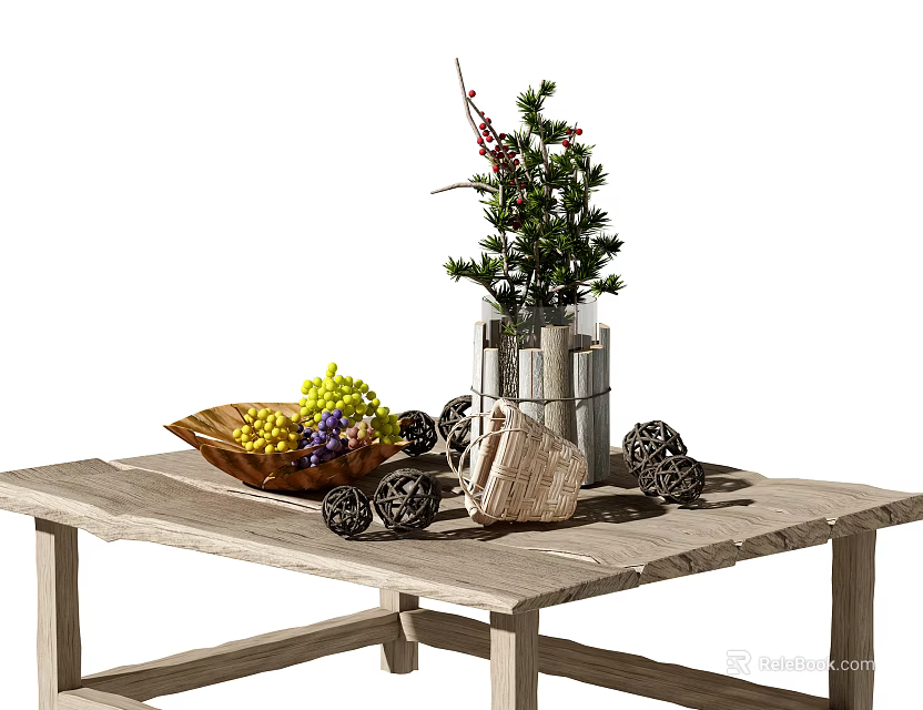 Wooden Coffee Table With Grape Basket Green Plant Vase And Decorative Ornaments 3d model 