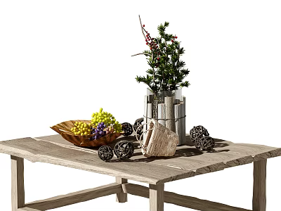 Wooden Coffee Table With Grape Basket Green Plant Vase And Decorative Ornaments 3d model