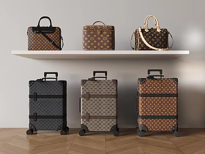 Fashionable Classic Pattern Luggage and Bags Displayed on White Shelf and Wooden Floor 3d model