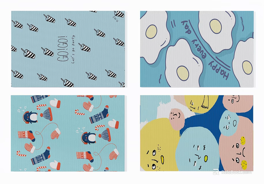 Colorful Square Rugs With Bee Egg Penguin Cloud And Smiley Patterns 3d model 