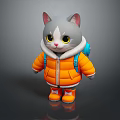 Cute Gray Cartoon Cat Wearing Orange Coat And Blue Backpack Standing On Dark Background