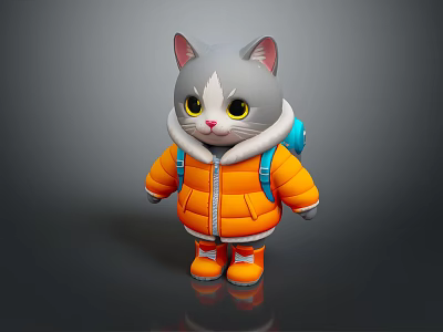 Cute Gray Cartoon Cat Wearing Orange Coat And Blue Backpack Standing On Dark Background 3d model