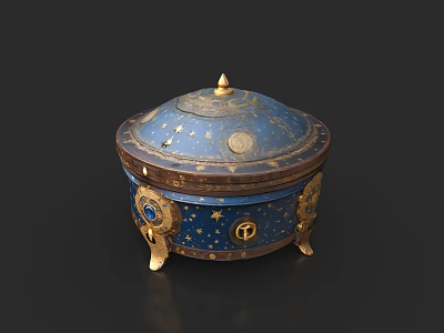 Elegant Blue Jewelry Box With Gold Star Patterns And Gemstone Accents On Feet 3d model
