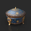 Elegant Blue Jewelry Box With Gold Star Patterns And Gemstone Accents On Feet