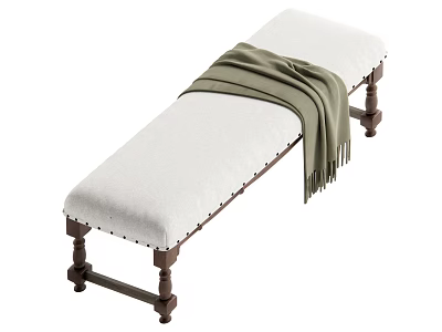 White Padded Bench With Brown Wooden Legs And Green Draped Blanket 3d model