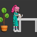 Pink Haired Girl Examining White Cat On White Table With Green Plant
