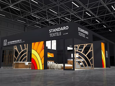 Stylish Modern Exhibition Booth Design With Colorful Decor And Textile Display Sections 3d model