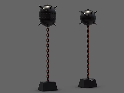 Pair of Spiked Black Metal Ball Weapons with Red Chains on Black Bases 3d model