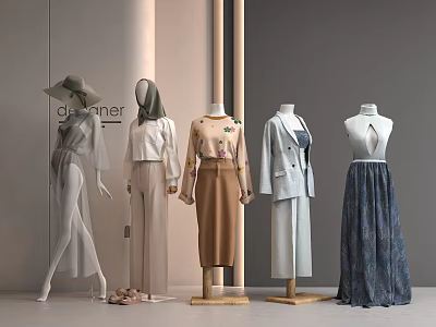Fashion Mannequins Showcasing Stylish Dresses Tops Coats And Long Skirts In Minimalist Space 3d model