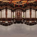 Ancient Chinese Architectural Hall Interior With Wooden Carvings Red Lantern And Decorative Windows