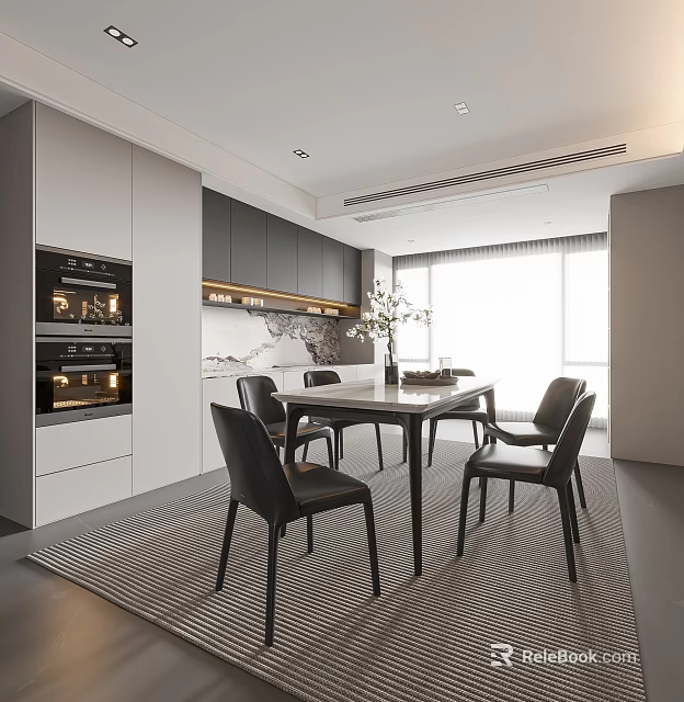 Modern Restaurant Interior With Kitchen Area Dining Table Black Chairs And Cabinets 3d model