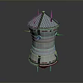 Metallic Conical Device With Blue Grid Top Black Straps And Silver Cylindrical Body