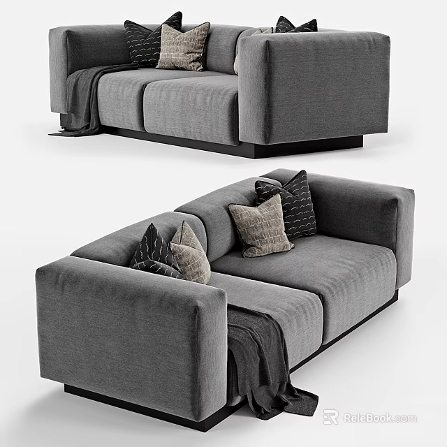 Elegant Modern Gray Two Seater Sofa With Decorative Pillows And Soft Throw Blanket 3d model