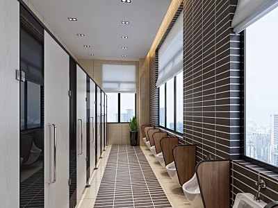 Modern Public Restroom With Stalls Urinals Windows Tiled Floor And Plant 3d model