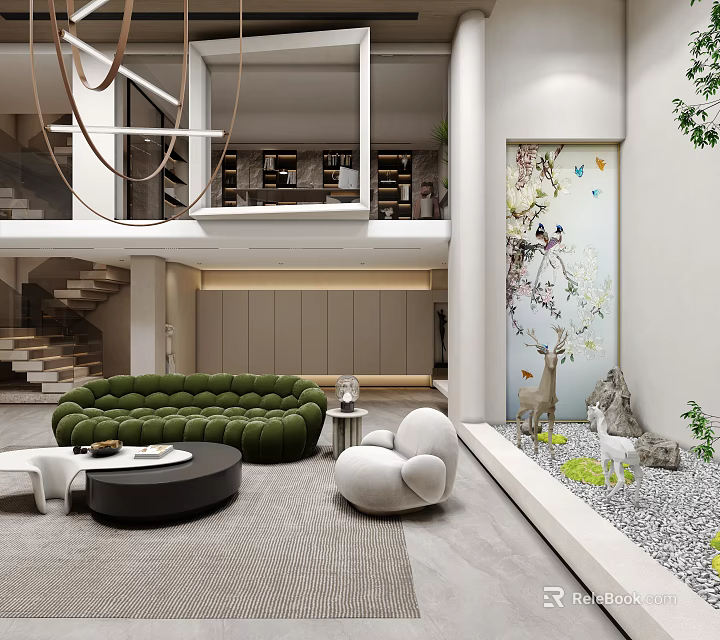 Modern Duplex Living Room Interior With Double Height Space Green Sofa Round Coffee Table And Staircase 3d model 