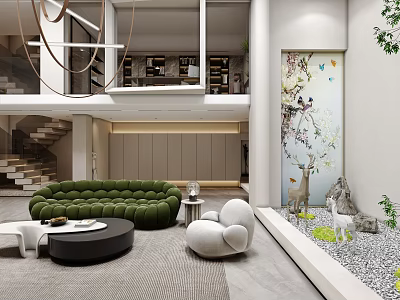 Modern Duplex Living Room Interior With Double Height Space Green Sofa Round Coffee Table And Staircase 3d model