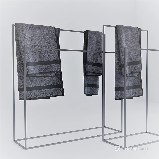 Modern Bathroom Storage Rack with Metal Frame and Gray Striped Towels 3d model 