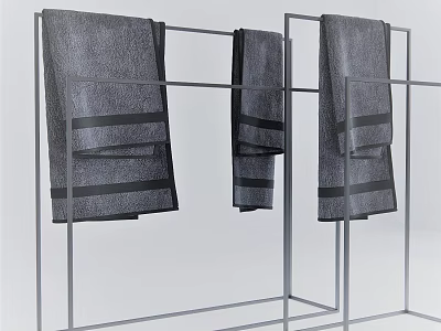 Modern Bathroom Storage Rack with Metal Frame and Gray Striped Towels 3d model
