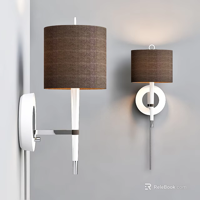 Modern Wall Lamps With Brown Fabric Shades White Bases And Metal Circle Design 3d model 
