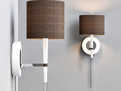 Modern Wall Lamps With Brown Fabric Shades White Bases And Metal Circle Design 3d model