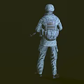 Military Soldier In Tactical Uniform With Helmet Face Mask And Rifle Standing Pose