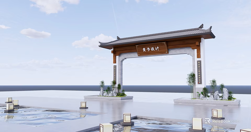 Traditional Chinese Archway With Curved Eaves Plaque And Surrounding Water Pool Lanterns 3d model 