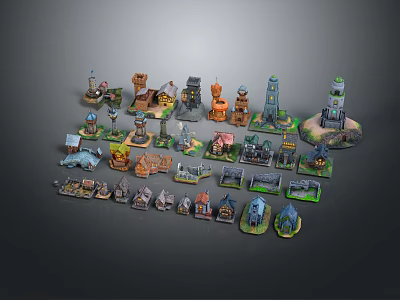 Colorful Cartoon Scene Elements With Various Buildings Towers And Small Structures 3d model