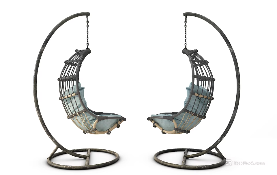 Two Modern Hanging Chairs With Metal Frame Curved Design And Light Blue Cushions 3d model 