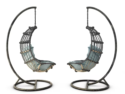 Two Modern Hanging Chairs With Metal Frame Curved Design And Light Blue Cushions 3d model
