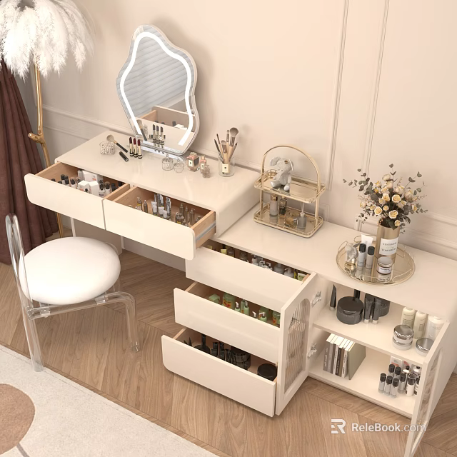 Elegant Modern Dressing Table With Open Drawers Cosmetics Mirror And Decorative Items 3d model 