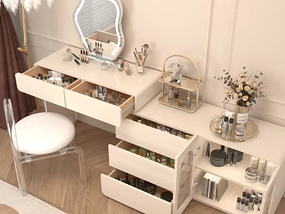 Elegant Modern Dressing Table With Open Drawers Cosmetics Mirror And Decorative Items 3d model