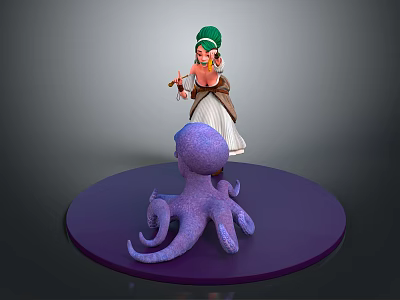 Green Hat Orange Top White Dress Game Movie Character and Purple Octopus Figure on Purple Round Base 3d model