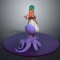 Green Hat Orange Top White Dress Game Movie Character and Purple Octopus Figure on Purple Round Base