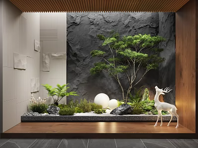 Garden Decor Scene With Stone Wall Wooden Frame Green Plants Deer Figurine And Round Ornaments 3d model