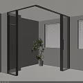 Modern Black Framed Glass Sliding Doors in Minimalist Interior with Potted Plant and Window Blinds